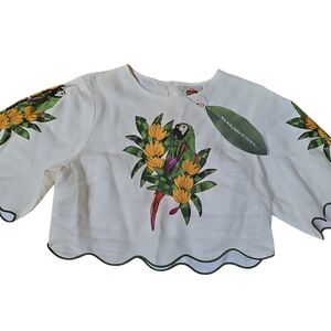 FARM Rio White Cropped Top with Tropical Parrot & Yellow Floral Print